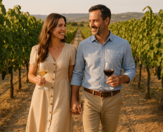 Couple walking hand-in-hand through a Spanish vineyard at sunset, holding wine glasses, surrounded by grapevines and rolling hills