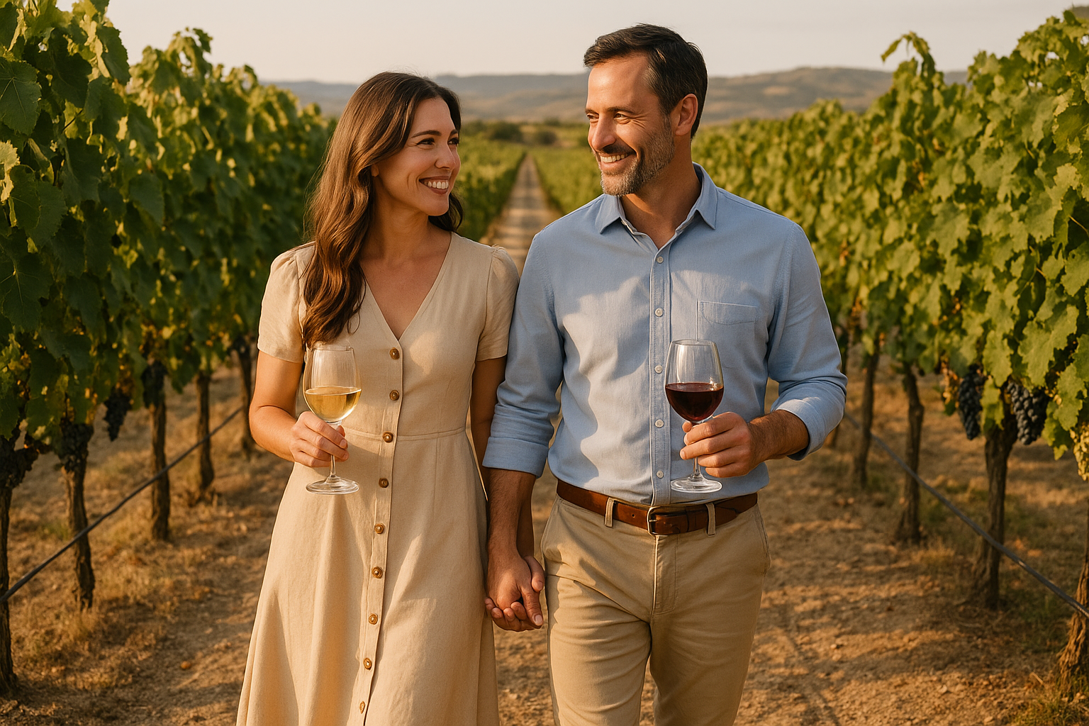 Couple walking hand-in-hand through a Spanish vineyard at sunset, holding wine glasses, surrounded by grapevines and rolling hills