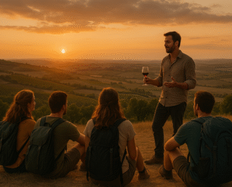 A group of four hikers with backpacks sit on a hillside vineyard at sunset, listening to a guide holding a glass of red wine and sharing stories, with rolling Spanish hills in the background.