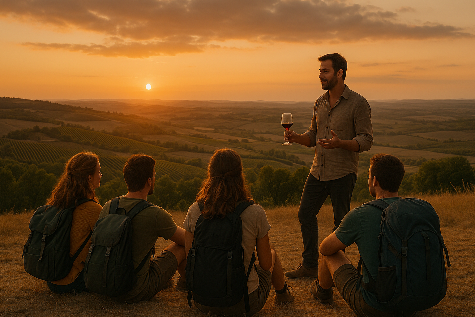 A group of four hikers with backpacks sit on a hillside vineyard at sunset, listening to a guide holding a glass of red wine and sharing stories, with rolling Spanish hills in the background.